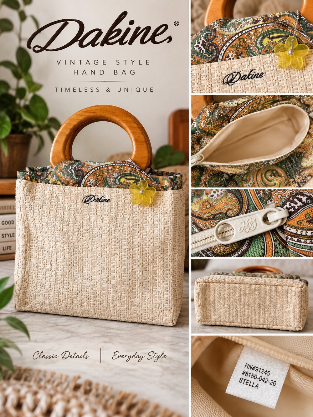 Dakine Cream Woven Handbag with Wood Handles and Paisley Lining